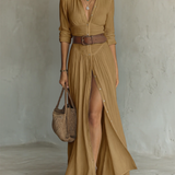 Elegantes Maxikleid Reverskragen Langarm