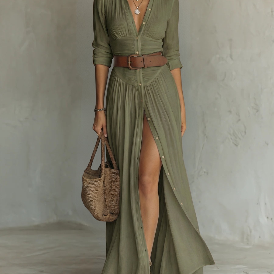Elegantes Maxikleid Reverskragen Langarm