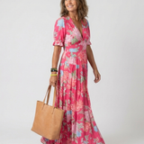 Ione | Kurzes ärmelloses V-Ausschnitt Blumen-Midi-Kleid