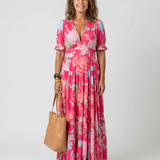 Ione | Kurzes ärmelloses V-Ausschnitt Blumen-Midi-Kleid