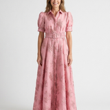 Xanthea | Kurzärmeliges, tailliertes, floral strukturiertes Maxi-Hemdkleid
