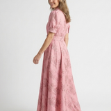 Xanthea | Kurzärmeliges, tailliertes, floral strukturiertes Maxi-Hemdkleid