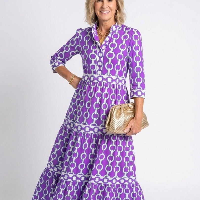 Ysolde | Midi-Kleid mit 3/4-Ärmeln und Kettenmuster