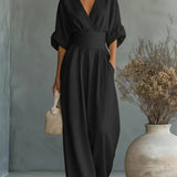 Elegantes V-Ausschnitt Kleid, Offene Rückseite und Fließende Ärmel