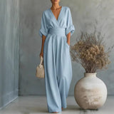 Elegantes V-Ausschnitt Kleid, Offene Rückseite und Fließende Ärmel