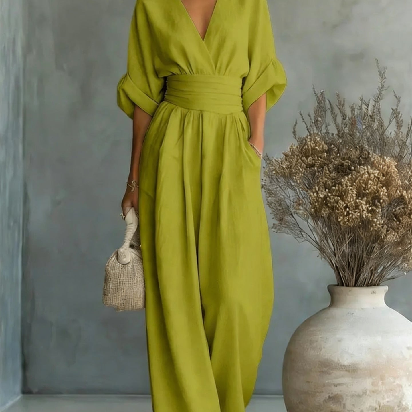 Elegantes V-Ausschnitt Kleid, Offene Rückseite und Fließende Ärmel