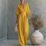 Elegantes V-Ausschnitt Kleid, Offene Rückseite und Fließende Ärmel