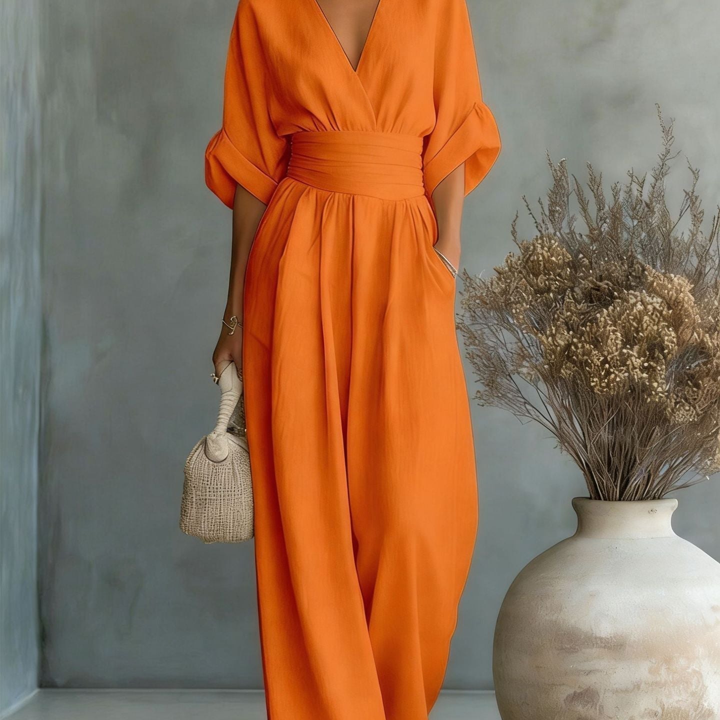 Elegantes V-Ausschnitt Kleid, Offene Rückseite und Fließende Ärmel