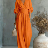 Elegantes V-Ausschnitt Kleid, Offene Rückseite und Fließende Ärmel