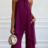 Lila Halterloser Ärmelloser Eleganter Top mit Hose Zweiteiliges Set