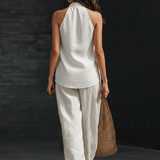 Lila V-Ausschnitt ärmelloses Top und weite Hose Set