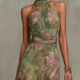 Serena | Grünes Floral Maxikleid mit Halterneck