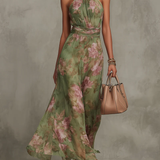 Serena | Grünes Floral Maxikleid mit Halterneck