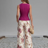 Rosa Pink Ärmelloses Top und Floral Bedruckte Weite Hose Set