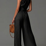 Schwarzer V-Ausschnitt Ärmelloser Reißverschluss Falten Wide-leg Jumpsuit