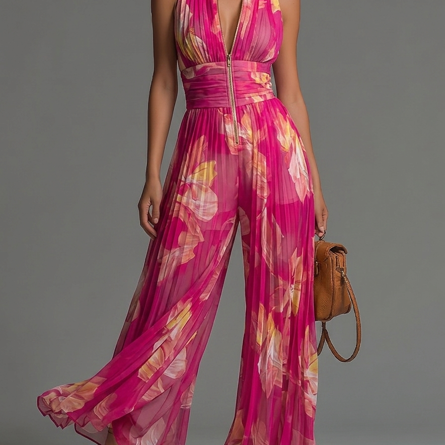 Leabella | Fuchsia Floral Plissierter Jumpsuit