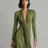 Oliv Maxi Kleid V-Ausschnitt