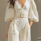 Isabella V-Ausschnitt Laternenärmel Jumpsuit