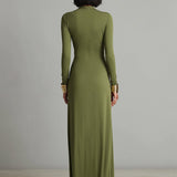 Oliv Maxi Kleid V-Ausschnitt