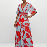 Corinne | V-Ausschnitt Kurzarm Blumenkleid