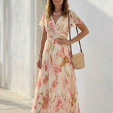 Elara | V-Ausschnitt Kurzarm Blumenkleid