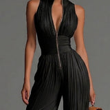 Schwarzer V-Ausschnitt Ärmelloser Reißverschluss Falten Wide-leg Jumpsuit