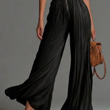 Schwarzer V-Ausschnitt Ärmelloser Reißverschluss Falten Wide-leg Jumpsuit