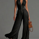 Schwarzer V-Ausschnitt Ärmelloser Reißverschluss Falten Wide-leg Jumpsuit
