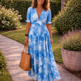 Ione | Kurzes ärmelloses V-Ausschnitt Blumen-Midi-Kleid