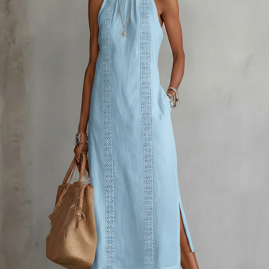 Jimena | Midi-Kleid aus Leinen mit Koreanischem Kragen
