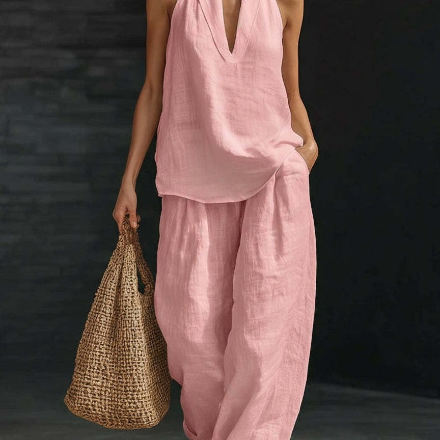 Lila V-Ausschnitt ärmelloses Top und weite Hose Set